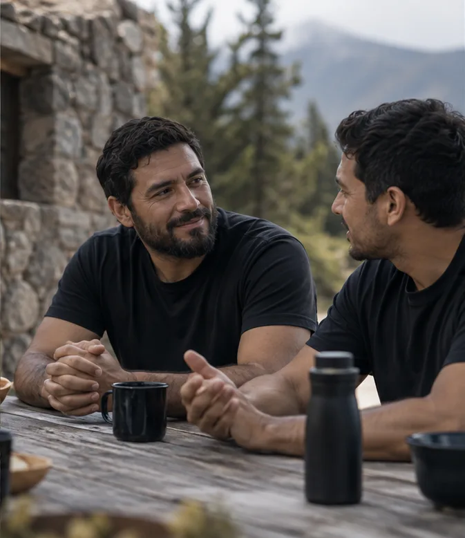 Dos hombres conversando en la montaña